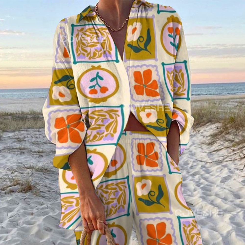 Women's Color Square Flower Printed Shirt & Pants Two-piece Set