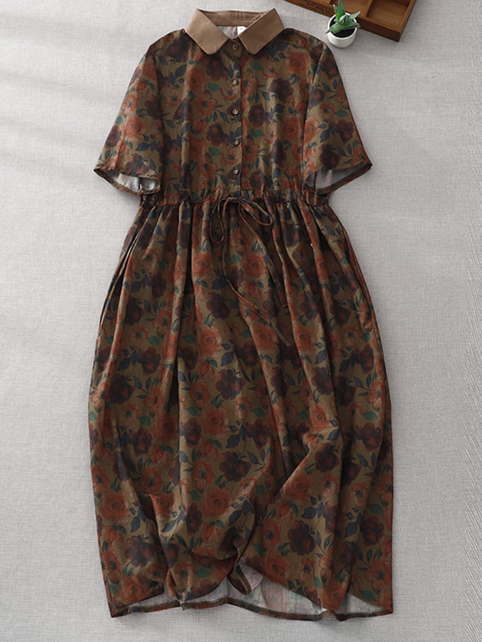 Printed Lapel Simple Cotton Linen Dress