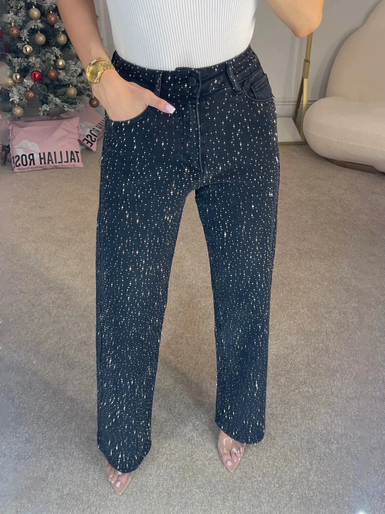 Rhinestone Washed Jeans