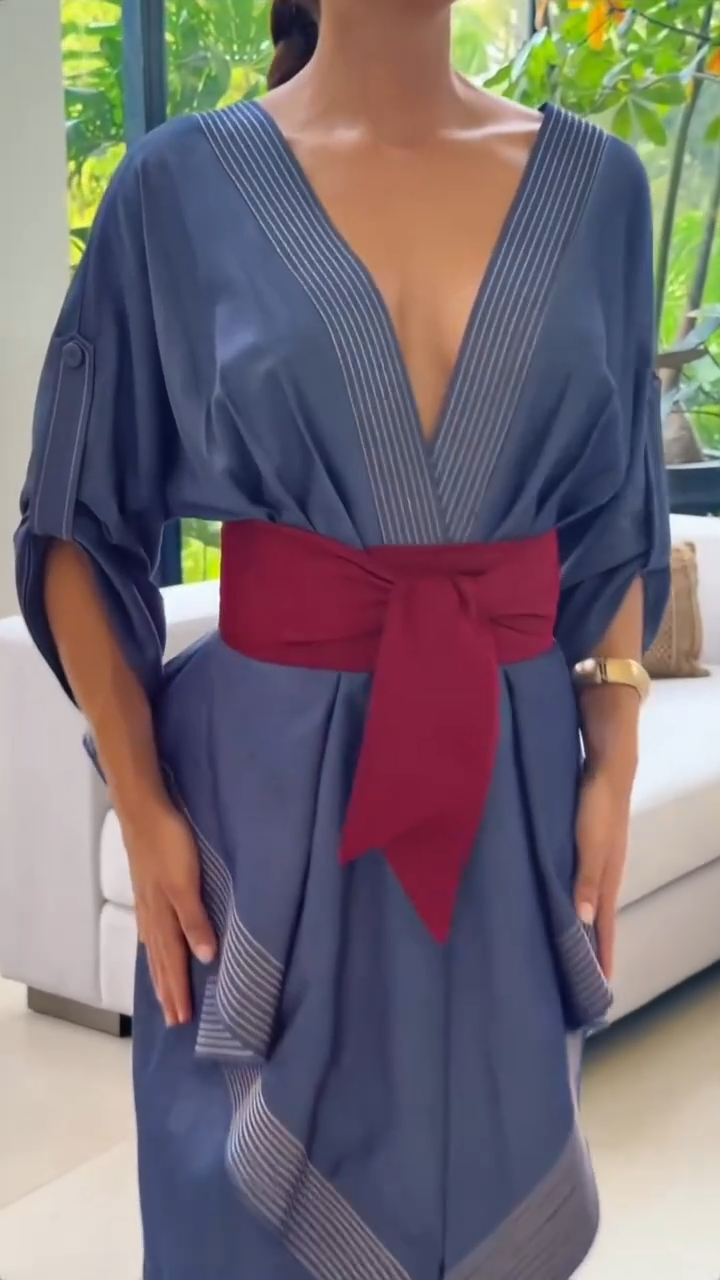 Casual Contrast Stitching Wrap Midi Dress