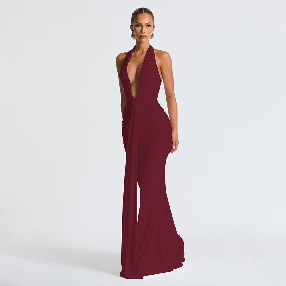 Solid Color Halterneck V-neck Open Back Tie Gathered Maxi Dress