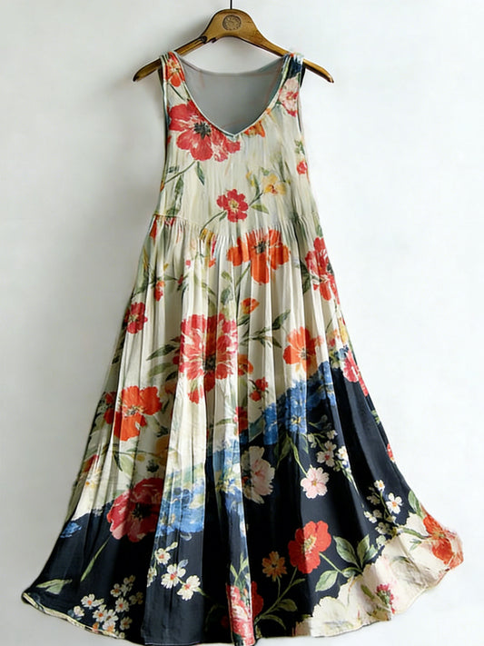 Women's Vintage Floral Colorblock Sleeveless Cotton Dress