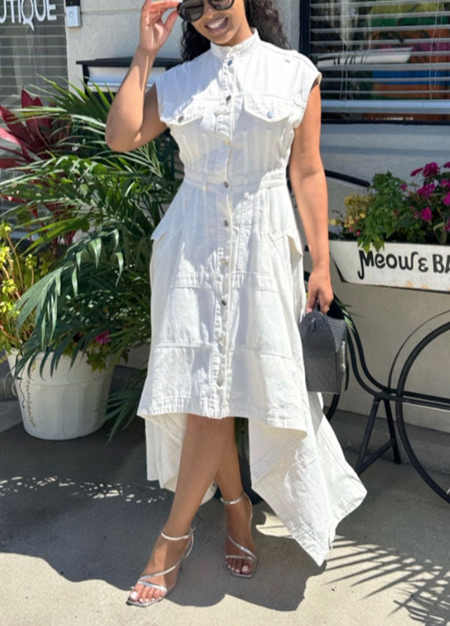 Stand Collar High-Low Hem Casual Denim Dress