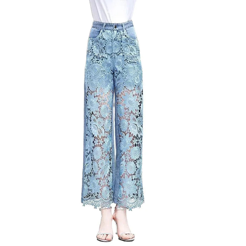 Lace-patched Straight-leg Jeans