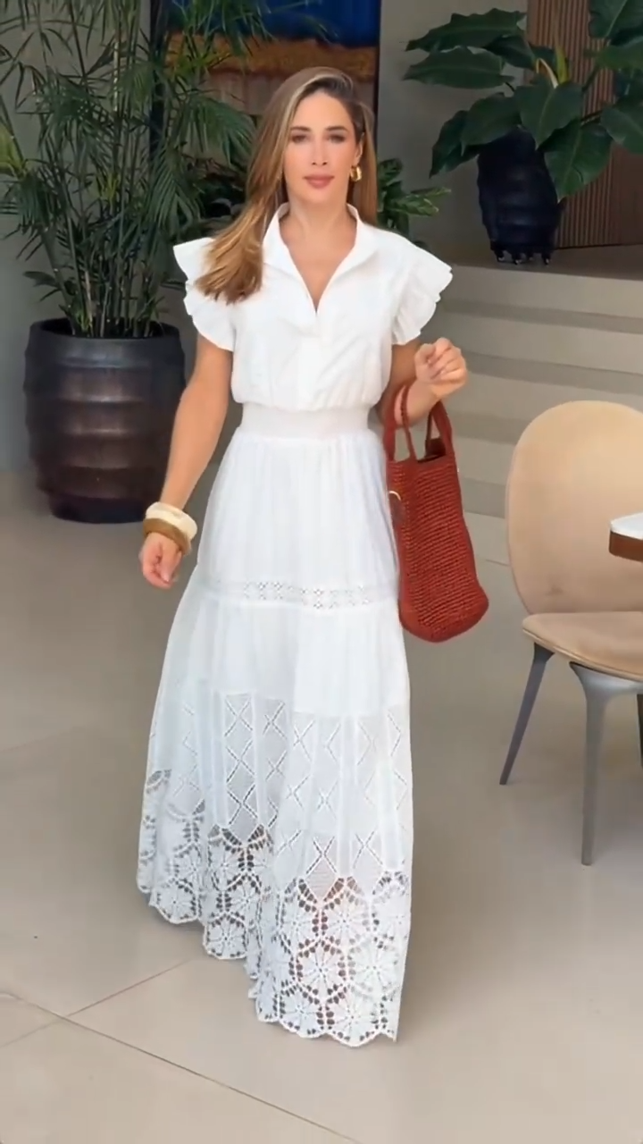 White Lace Tiered Maxi Dress with Ruffled Sleeves