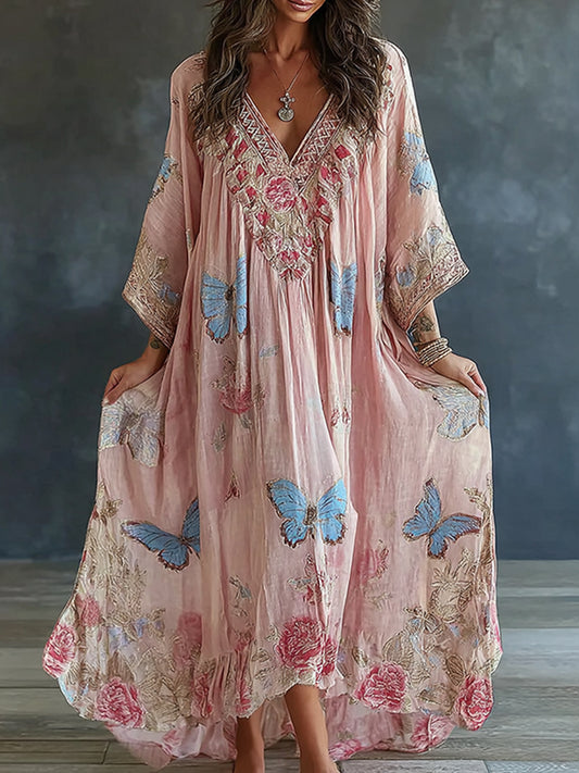 Women's Floral And Butterfly Art Print Flowy Linen Blend Casual Maxi Dress