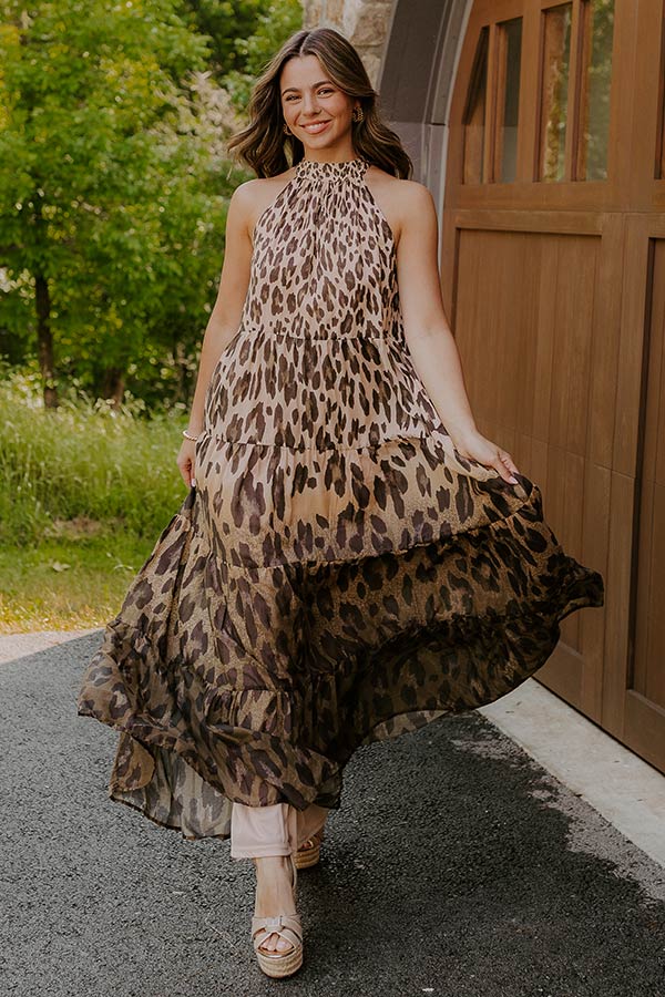Gradient Leopard Print Halter Neck Tiered Maxi Dress