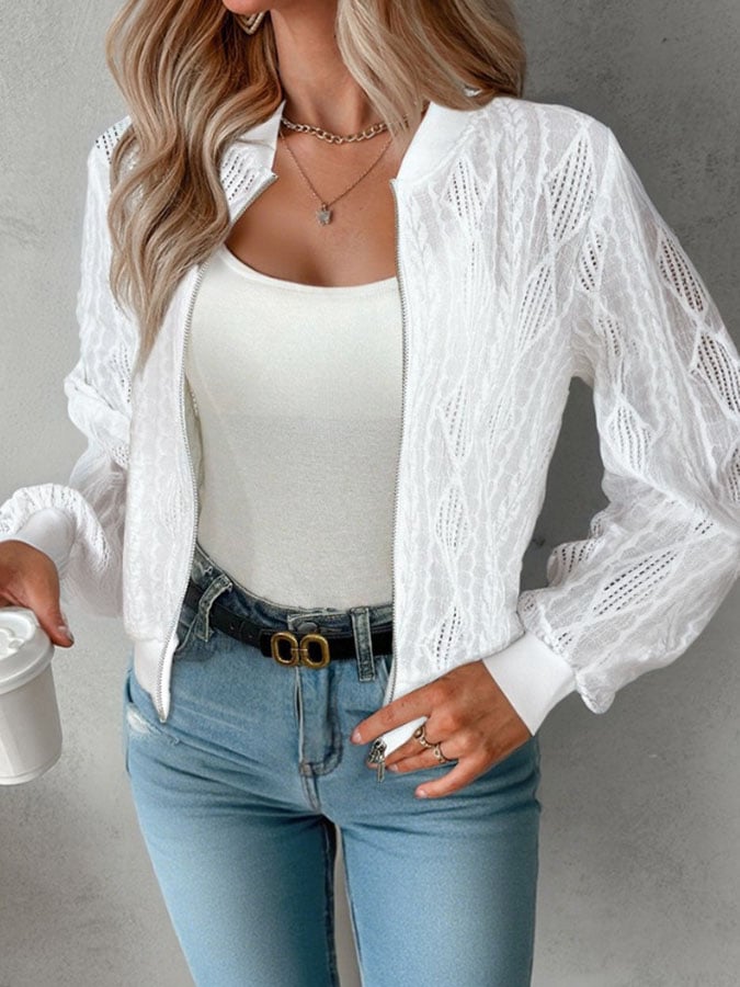 Ladies Lace Jacquard Hollow Zipper Short Jacket