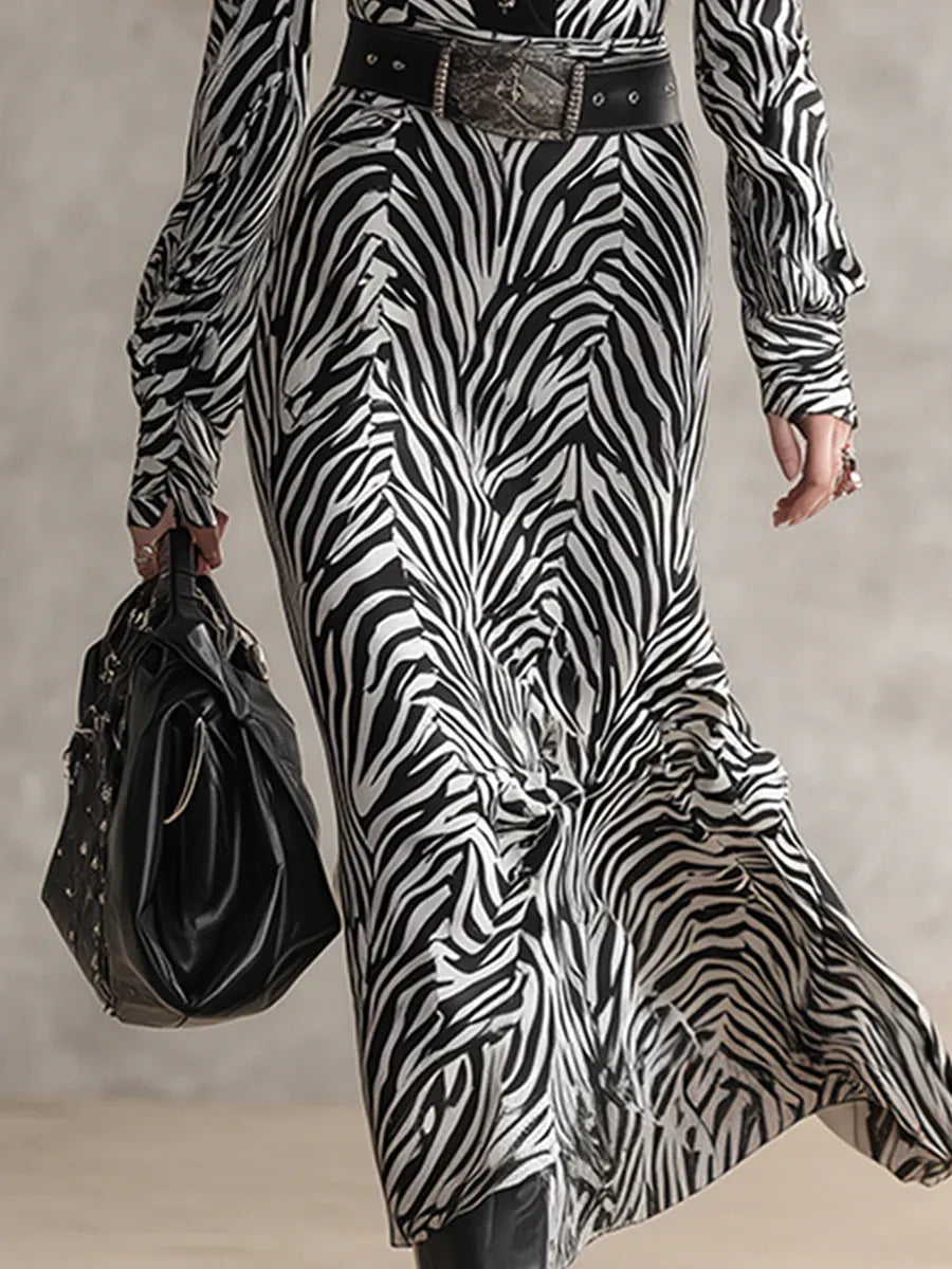 Urban Lapel Black Zebra Print Maxi Dress – Bold Effortless Style 🖤