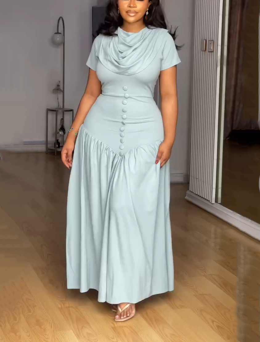 Cowl Neck Button Detail Gathered Maxi Dress