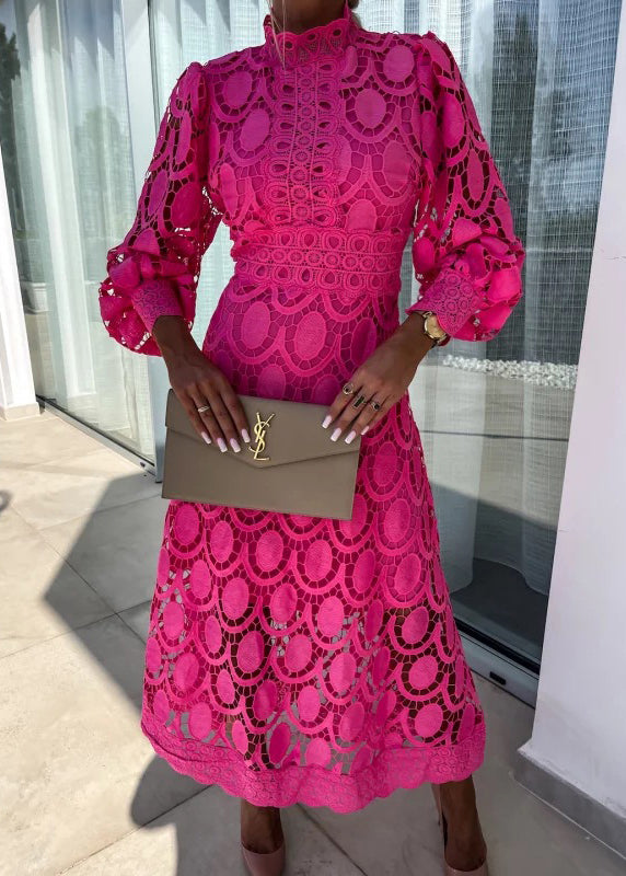 Stand-collar long-sleeve openwork lace maxi dress