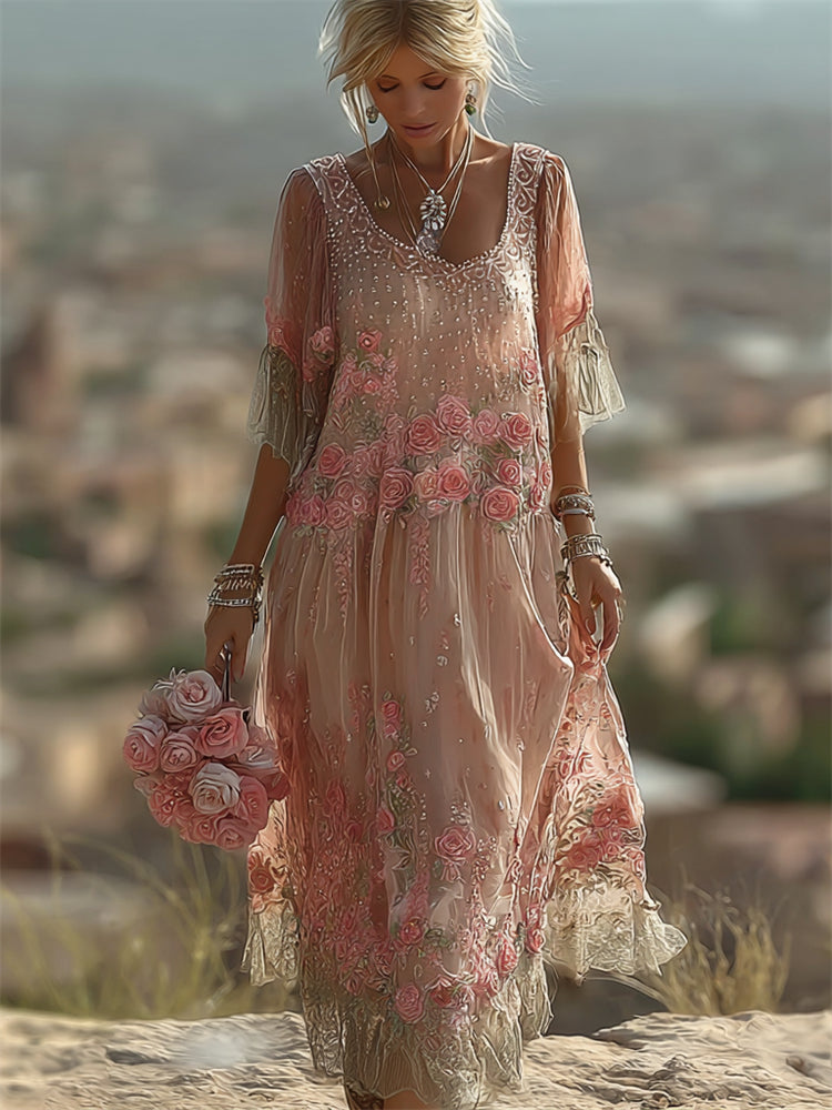 Vintage Pink Roses Glitter Embroidered Flowy Maxi Dress