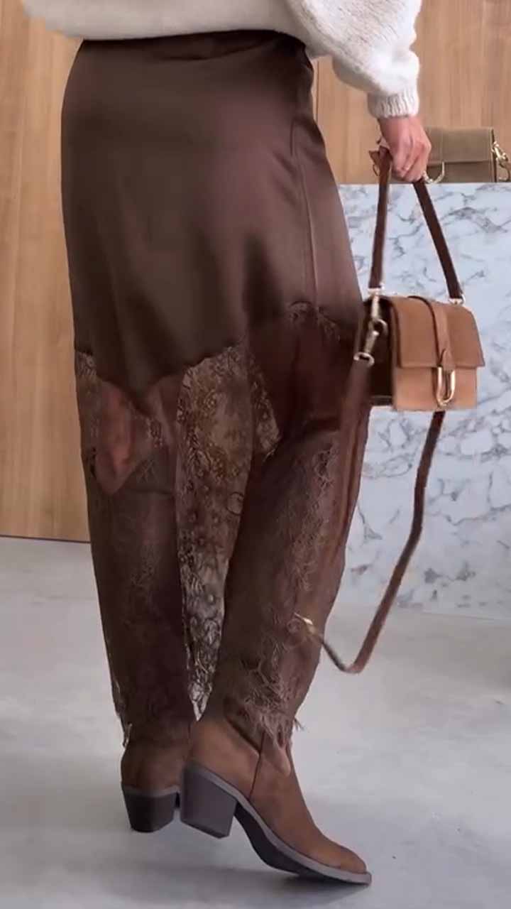Satin Lace Patchwork High Rise H-line Maxi Skirt