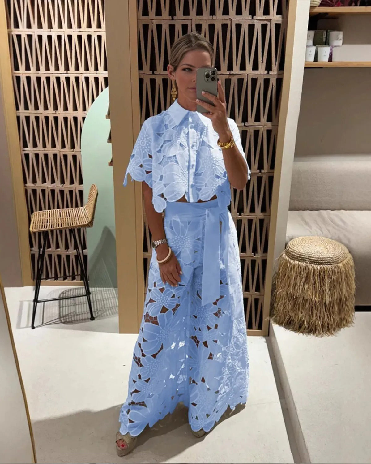 Solid Color Lace-Up Knit Top & Wide-Leg Pants Two-Piece Set