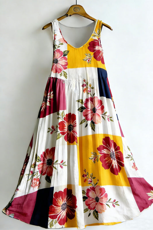 Women's Vintage Floral Colorblock Sleeveless Cotton Dress