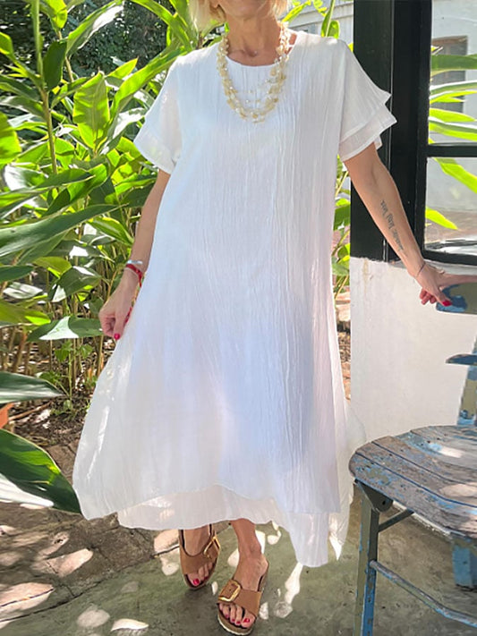 Women's casual solid color round neck short sleeve splicing irregular hem dress