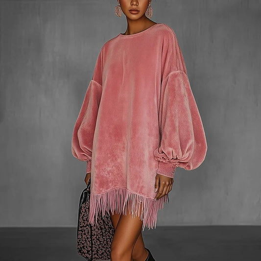 Rosy Retro Velvet Mini | Voluminous Balloon Sleeves & Playful Fringe Hem