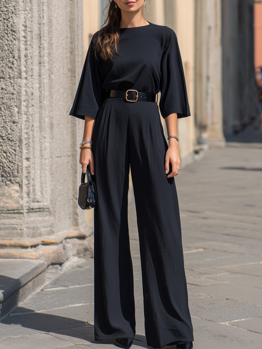 Minimalist Batwing Sleeve Belted Wide-Leg Jumpsuit