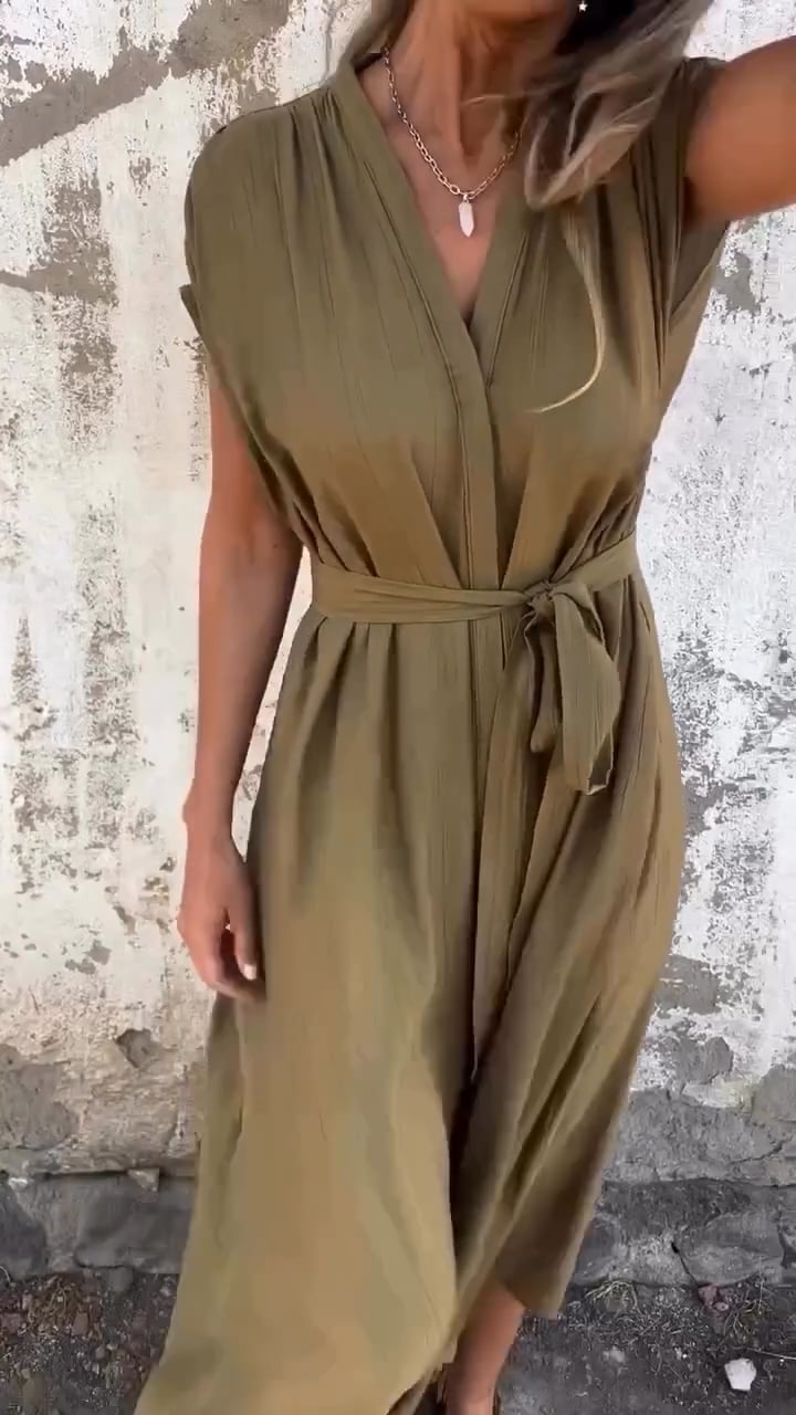 Women'S Casual V-Neck Tie Short Sleeve Dress