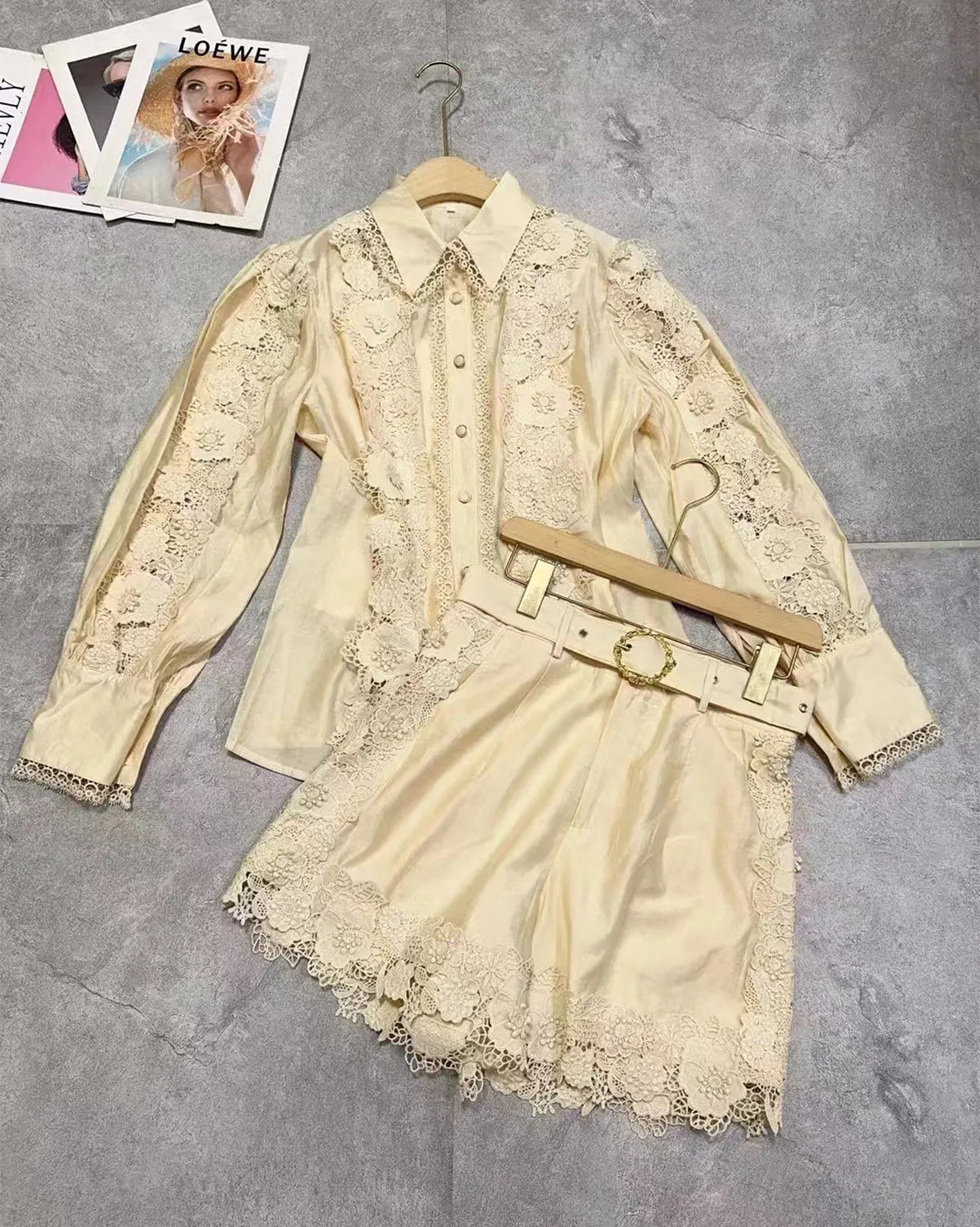 Elegant Fashion Lace Hollow Embroidery Splicing Cotton Lapel Short-Sleeved Shirt Pants Suit Brand 1:1 Replication