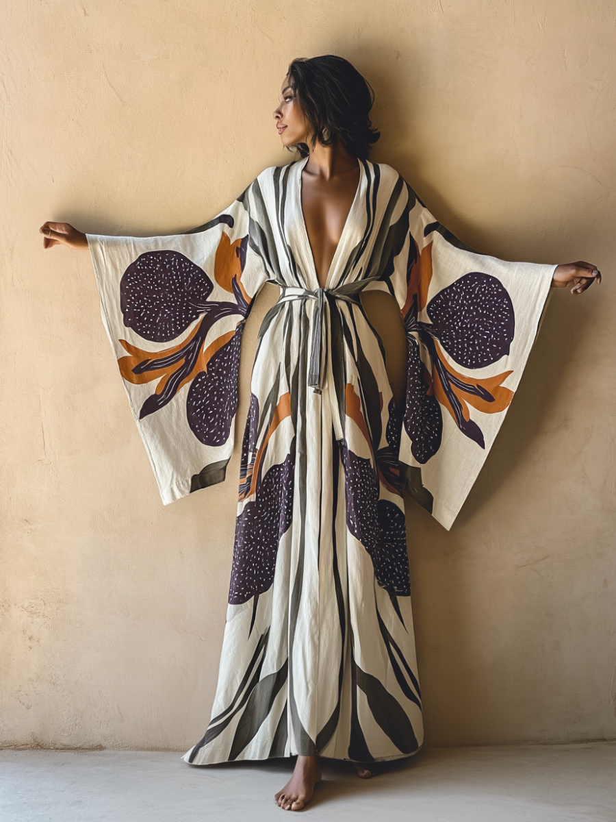 Violet Whisper Kimono Linen Long Gown Robe With Belt