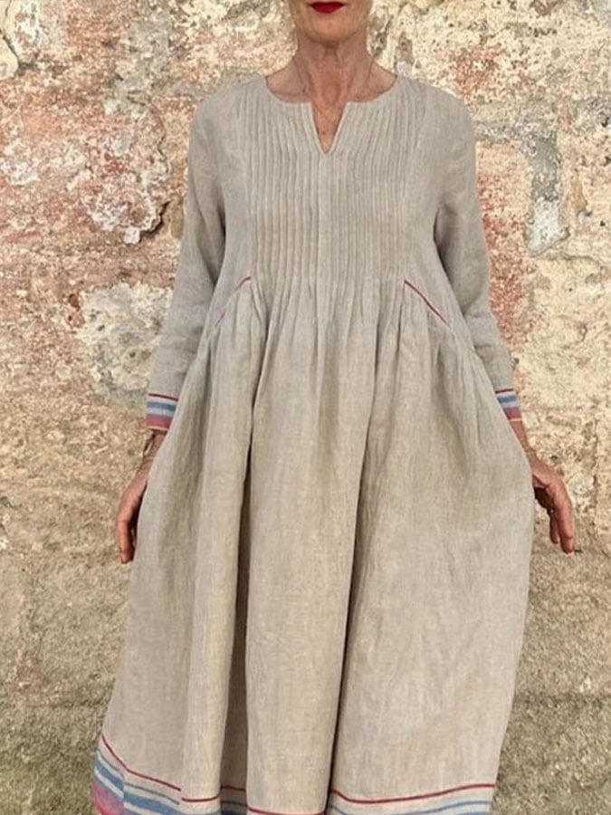 Women's Casual V-Neck Long Sleeve Striped Print Pleated Dress