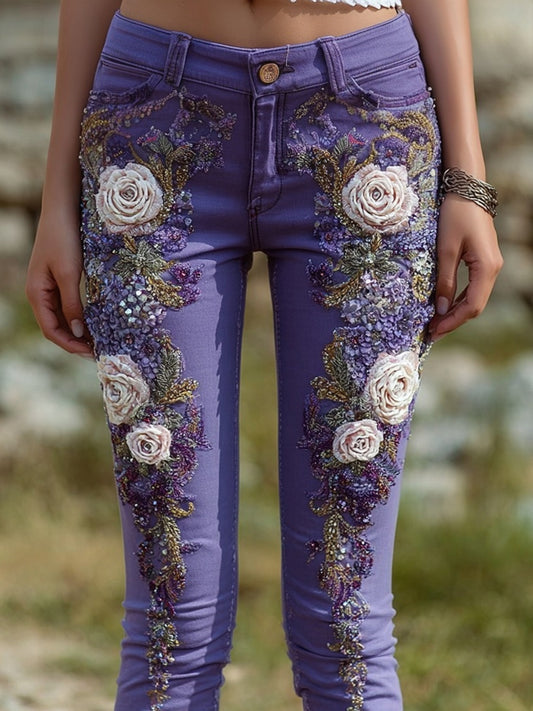 Vintage White Roses Embroidered Purple Skinny Jeans