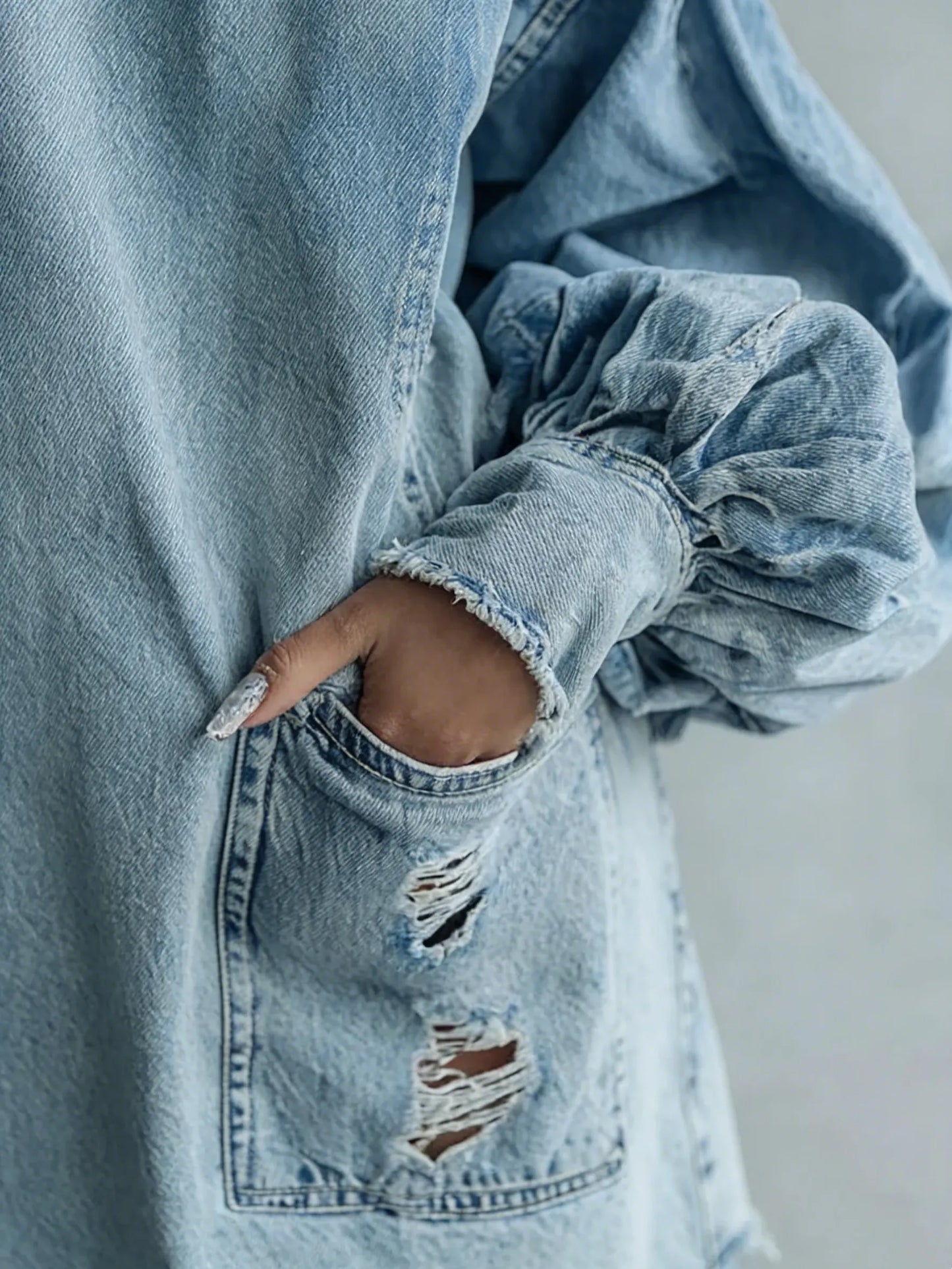 Distressed Denim High-Neck Mini Dress
