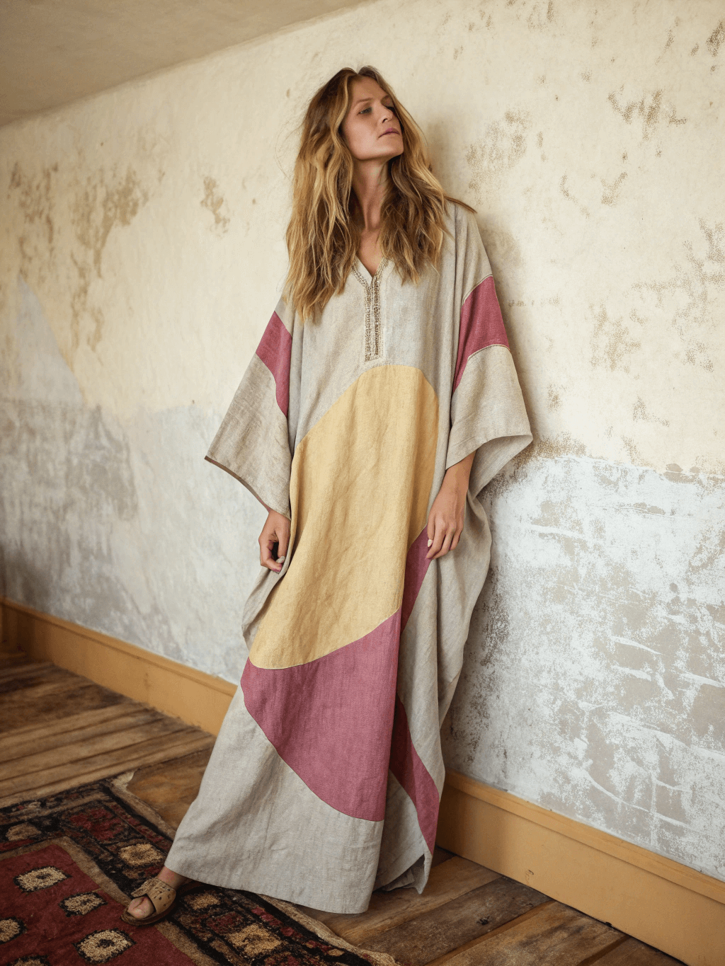 Linen Printed Kaftan Maxi Dress