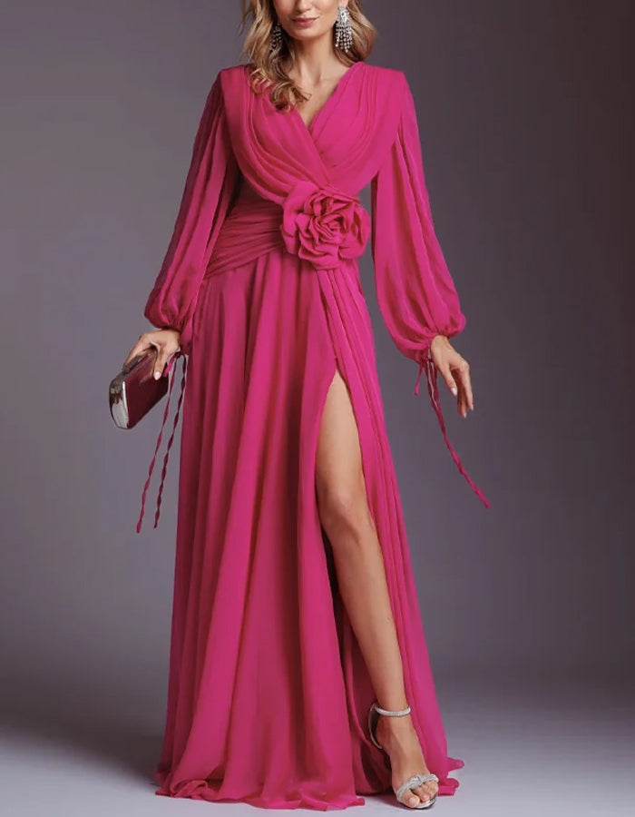 Flower Pleated Chiffon Wedding Dress Long Buff Sleeve Flowy V-neck Maxi Dress