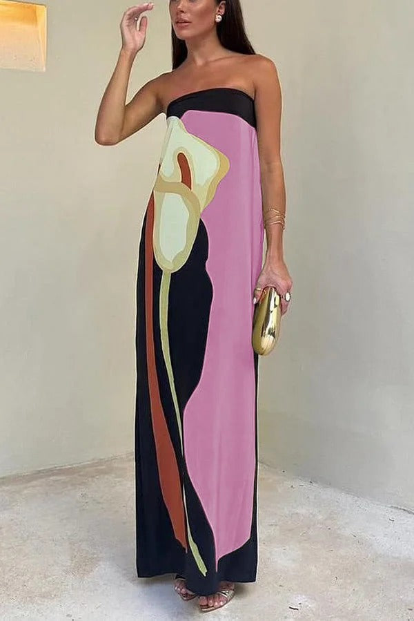 Abstract Floral Print Elasticated Off Shoulder Vacation Loose Maxi Dress