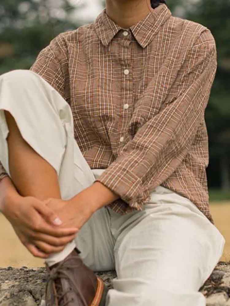 Women's Vintage Plaid Linen Blend Casual Shirt