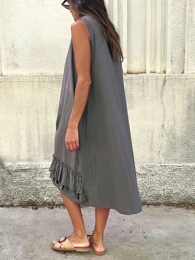 Women'S Casual Solid Color Stitching Ruffled Loose Dress
