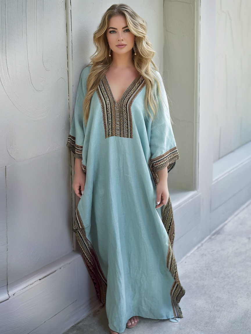 Contton & Linen Long Sleeve Kaftan Maxi Dress