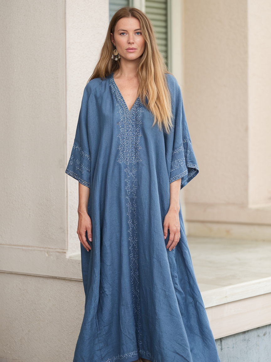 Contton & Linen  Long Sleeve  Kaftan Maxi Dress