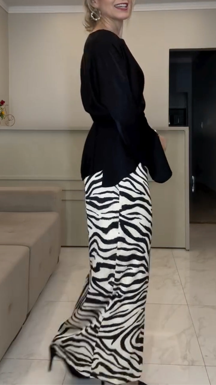Black Satin Blouse with Zebra Print Maxi Skirt Set