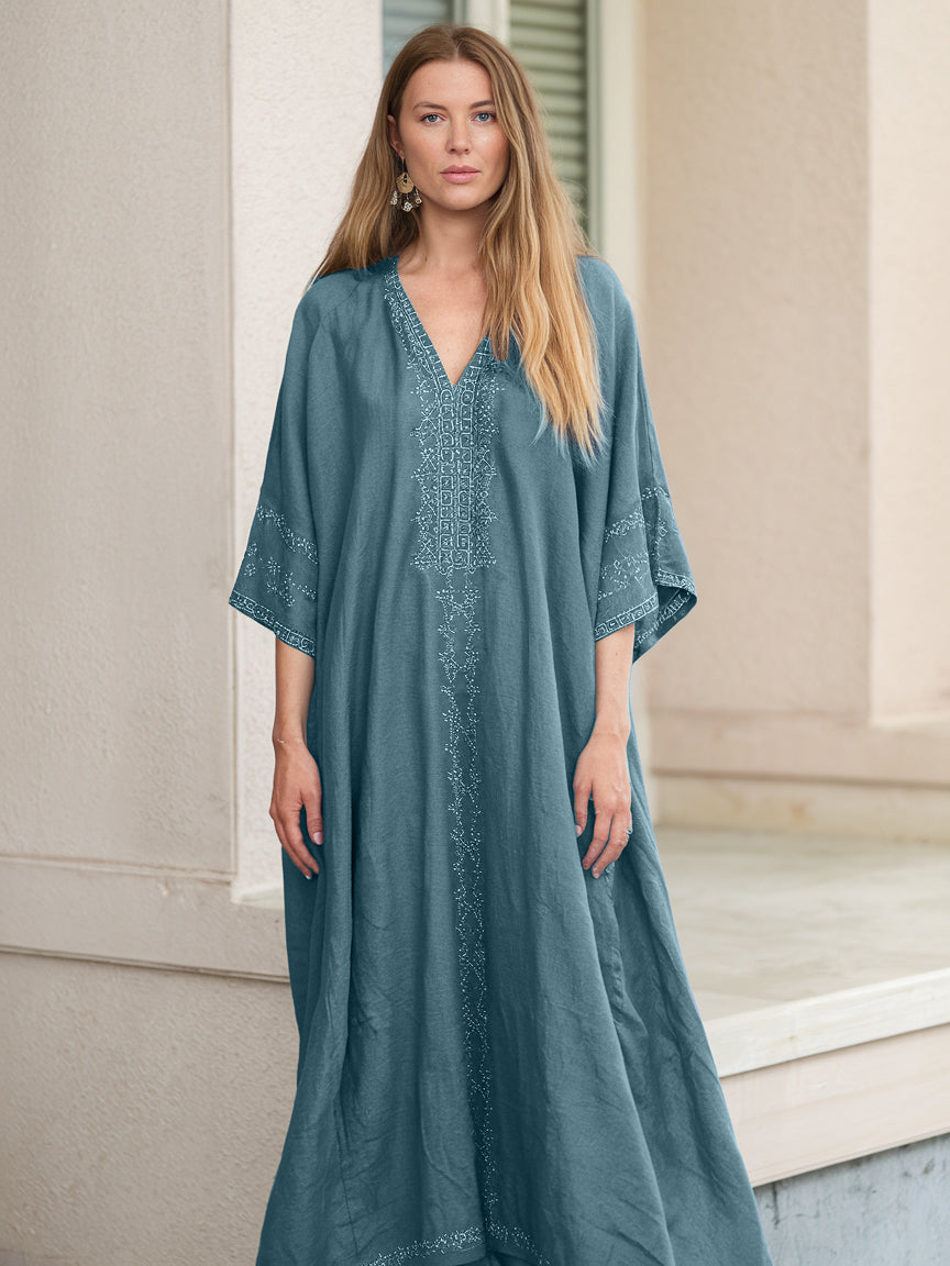 Contton & Linen  Long Sleeve  Kaftan Maxi Dress