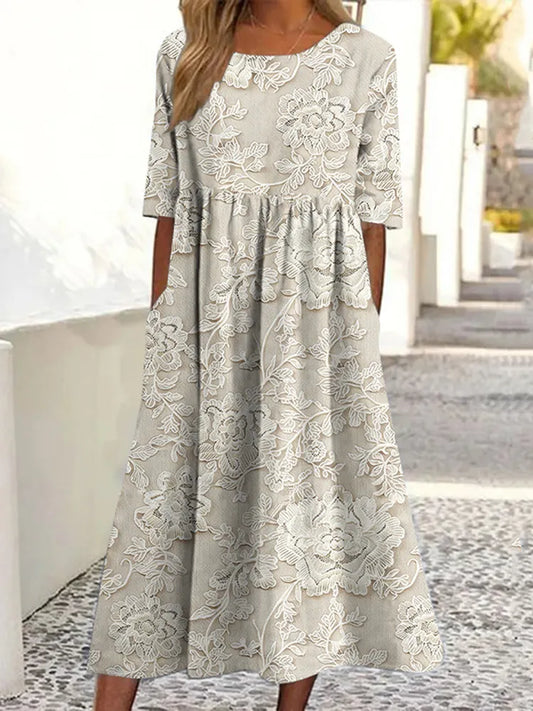 Women's Vintage Floral Print Linen Dress