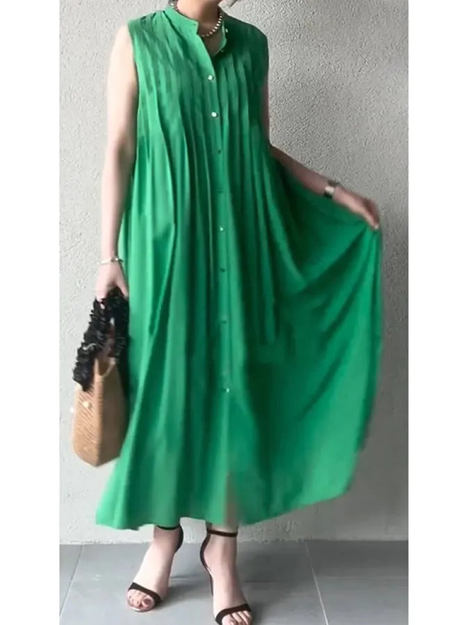 Women's casual sleeveless pleated solid color cotton and linen dress