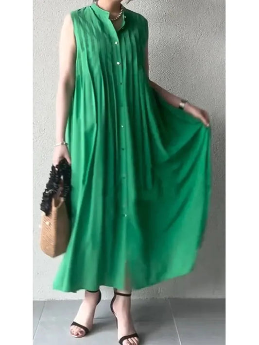 Women's casual sleeveless pleated solid color cotton and linen dress