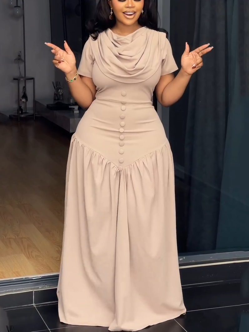 Cowl Neck Button Detail Gathered Maxi Dress