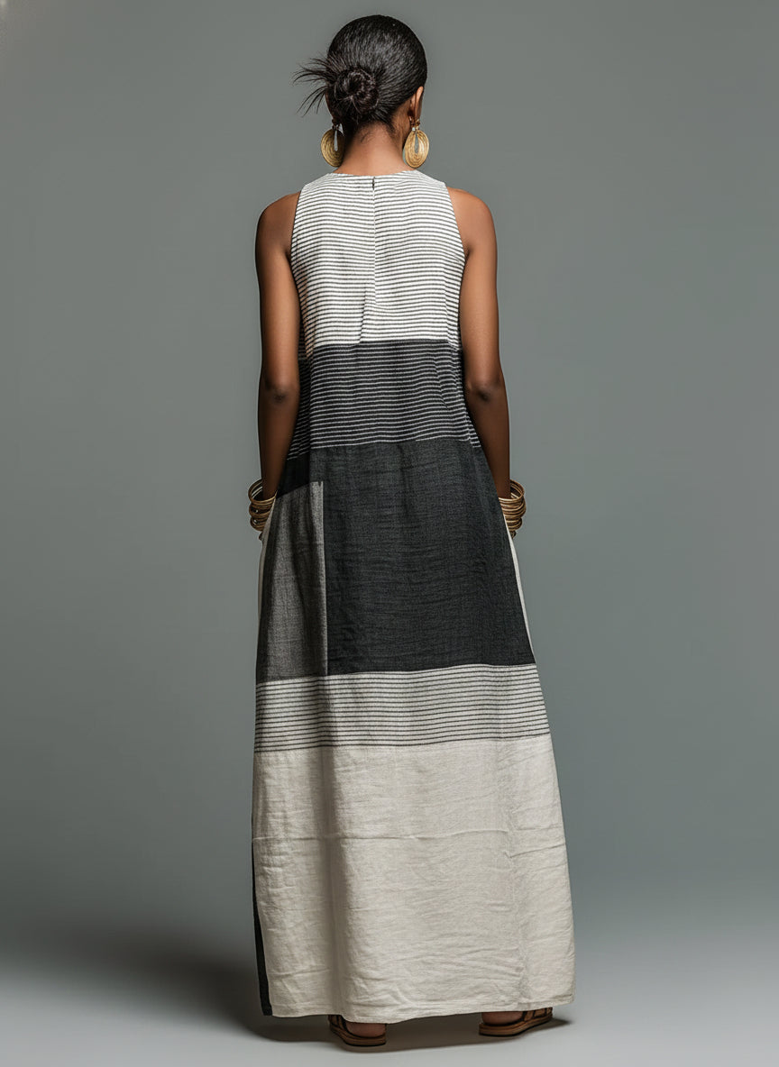Color-block Striped Sleeveless Maxi Dress with Pockets