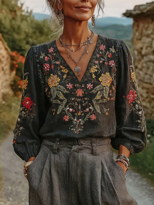 Women's Floral Pattern Linen V-neck T-shirt