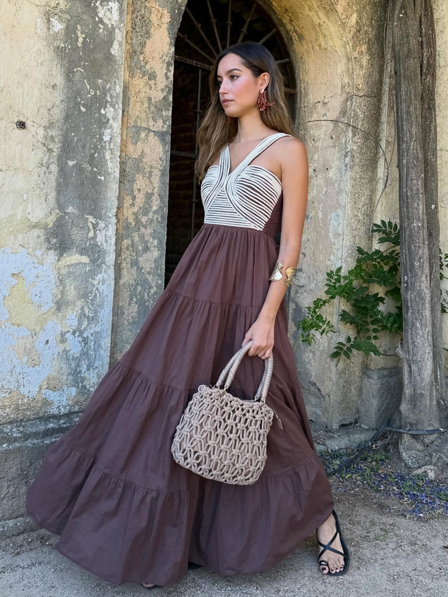 Tiered Maxi Dress with Crisscross Textured Bodice