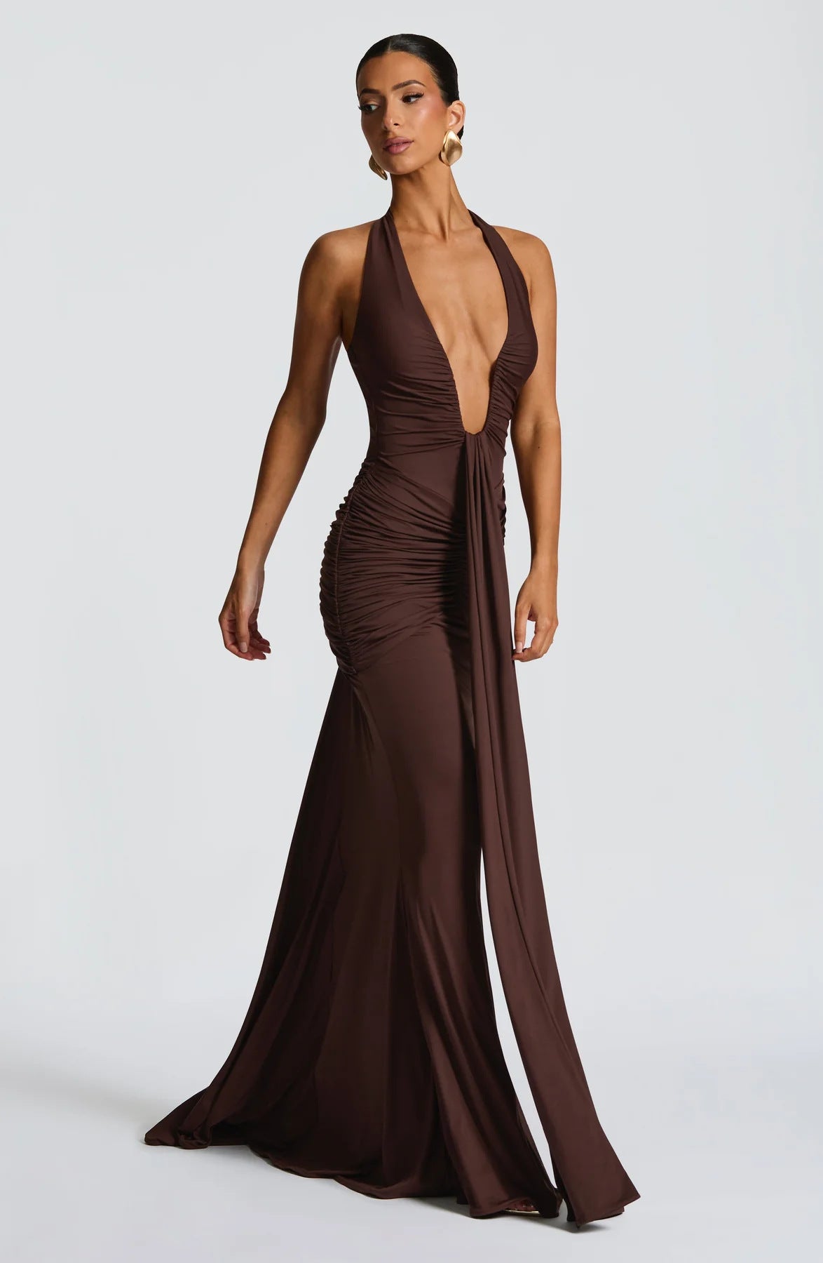 Solid Color Halterneck V-neck Open Back Tie Gathered Maxi Dress