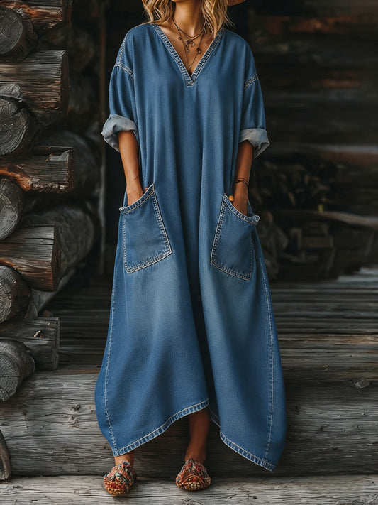 Women's Casual Long-sleeved V-neck Washed Cotton Denim Dress