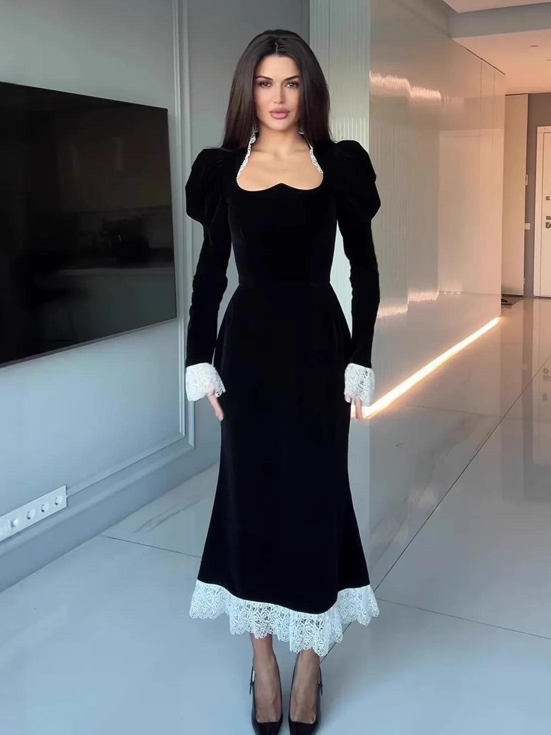 Velvet & Lace-Trimmed Maxi Dress
