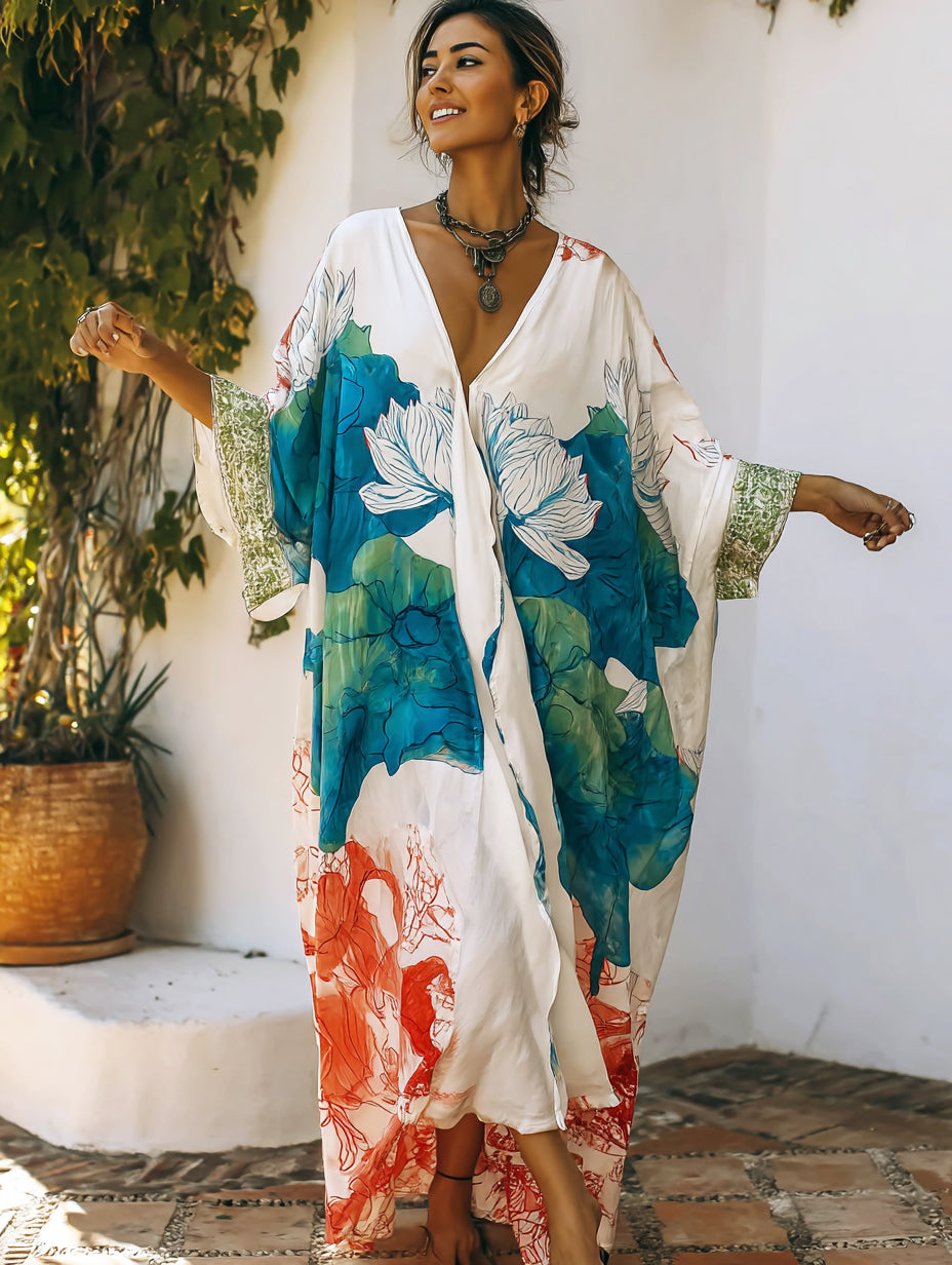 Summer Lotus Pond  Linen Cardigan Kaftan