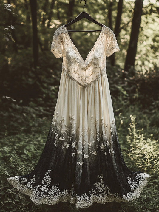 Floral Embroidered Pattern Linen Contrast Color Short Sleeve Dress
