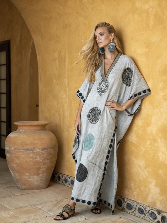 Linen Printed Kaftan Maxi Dress